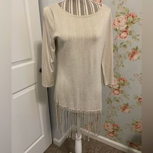 Super cute gold shimmery asymmetrical tunic with fringe detail